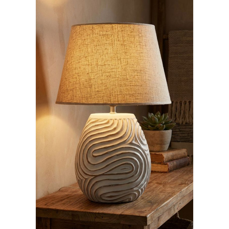 Lampe à poser ethnique chic Hauteur 55 cm Résine Tissu Beige Blanc Oblix 