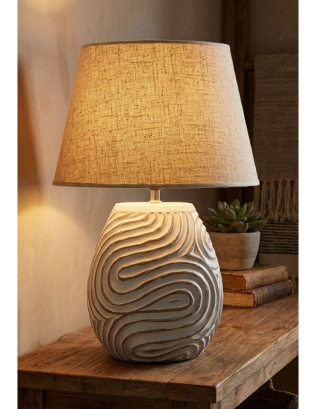 Lampe à poser ethnique chic Hauteur 55 cm Résine Tissu Beige Blanc Oblix 