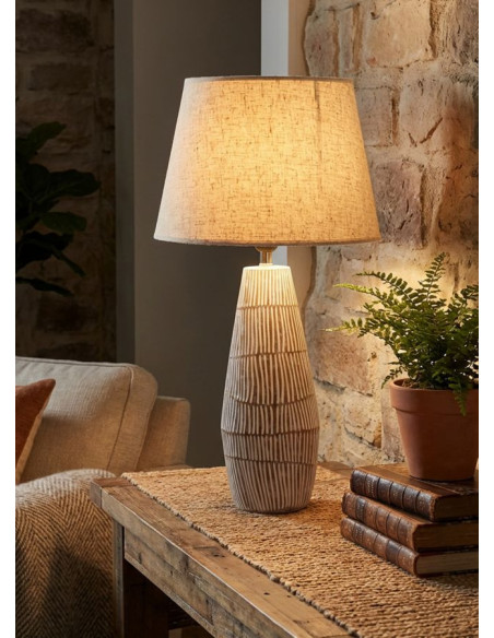 Grande Lampe à poser ethnique chic Hauteur 69 cm Résine Tissu Beige Blanc Handi 