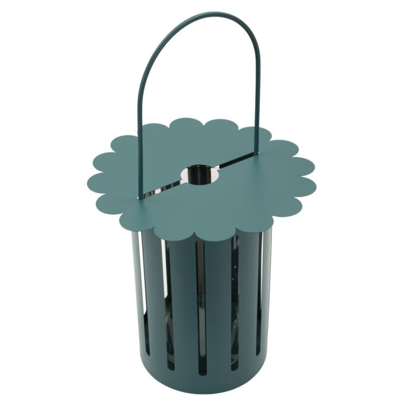 Lanterne design photophore Hauteur 43 cm Métal Bleu canard Motif lignes Verre Transparent Saturno 