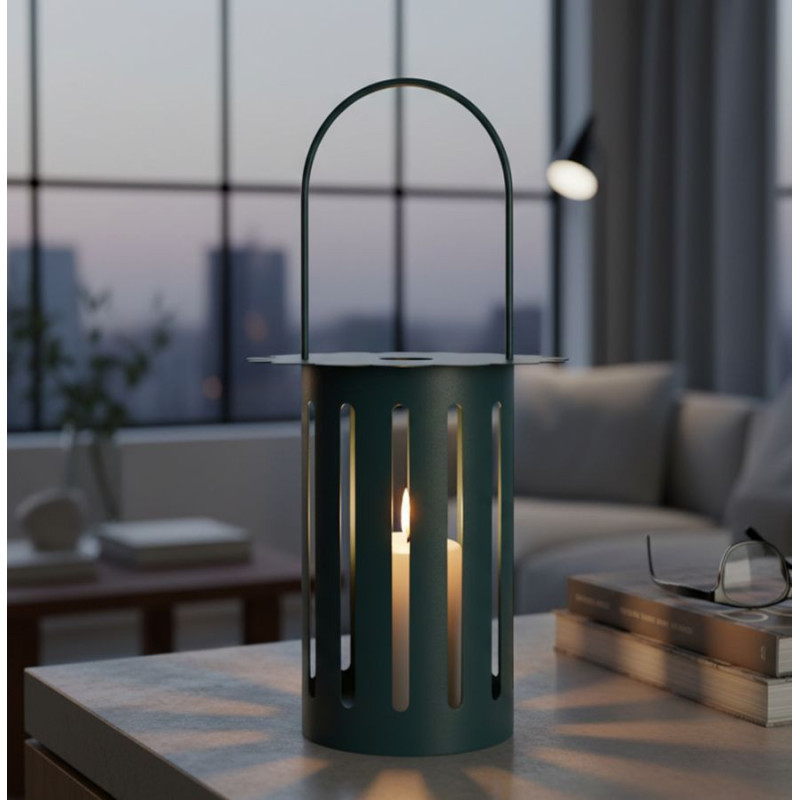 Lanterne design photophore Hauteur 43 cm Métal Bleu canard Motif lignes Verre Transparent Saturno 