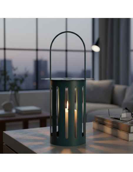 Lanterne design photophore Hauteur 43 cm Métal Bleu canard Motif lignes Verre Transparent Saturno 