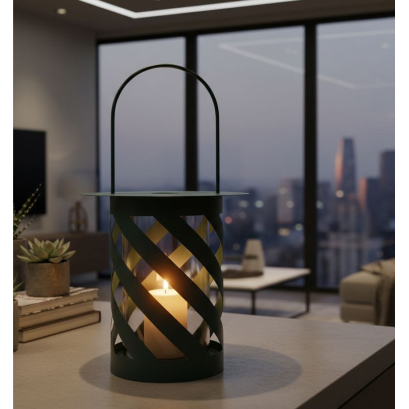 Lanterne design photophore Hauteur 43 cm Métal Bleu canard Motif tressé Verre Transparent Saturno 