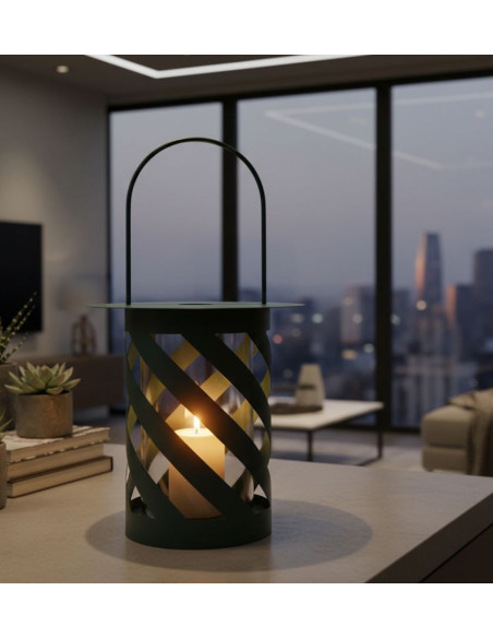 Lanterne design photophore Hauteur 43 cm Métal Bleu canard Motif tressé Verre Transparent Saturno 