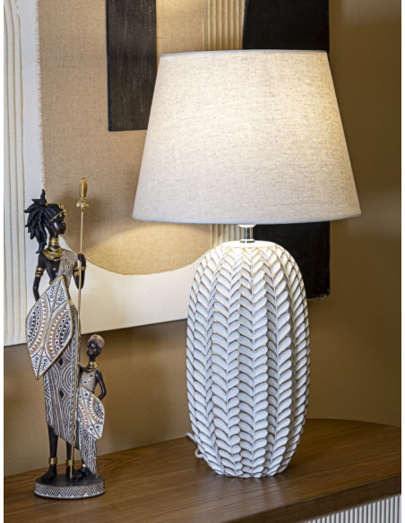 Grande Lampe à poser design bohème Résine Motif feuilles Tissu Blanc Leaf H 65 cm 