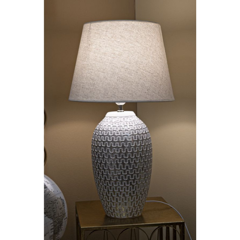 Grande Lampe à poser design contemporain Résine Argenté Motif vagues Tissu Blanc Wave H 65 cm 