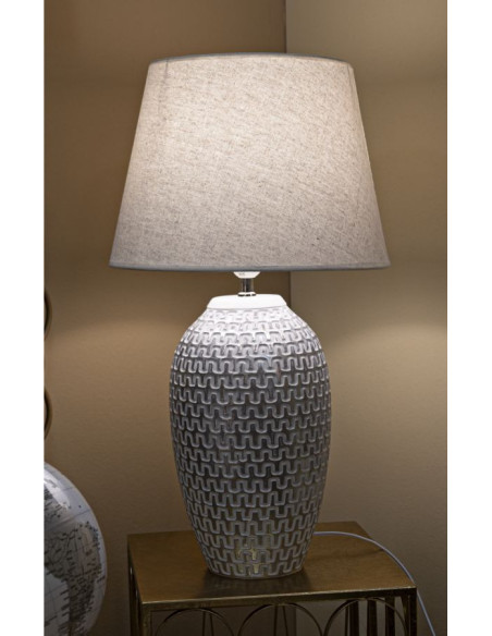 Grande Lampe à poser design contemporain Résine Argenté Motif vagues Tissu Blanc Wave H 65 cm 