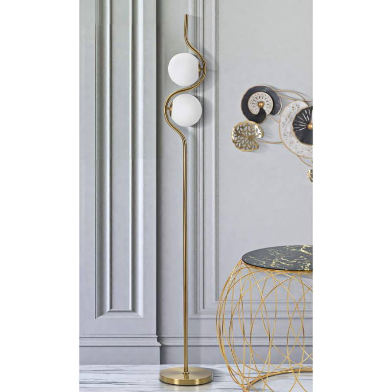 Grand Lampadaire sur pied design art déco 2 boules Métal Doré Verre Blanc Glamy H 168 cm 