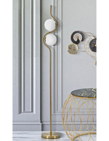Grand Lampadaire sur pied design art déco 2 boules Métal Doré Verre Blanc Glamy H 168 cm 