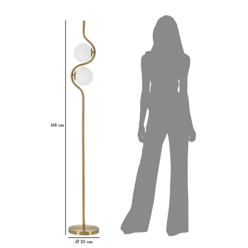 Grand Lampadaire sur pied design art déco 2 boules Métal Doré Verre Blanc Glamy H 168 cm 