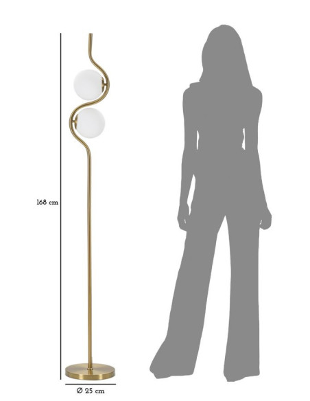 Grand Lampadaire sur pied design art déco 2 boules Métal Doré Verre Blanc Glamy H 168 cm 