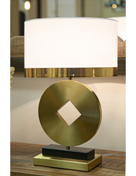 Lampe à poser design art déco Métal Doré Tissu Blanc Coin H 53 cm 