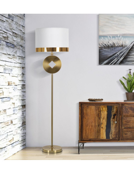 Grand Lampadaire sur pied design art déco Métal Doré Tissu Blanc Coin H 151 cm 