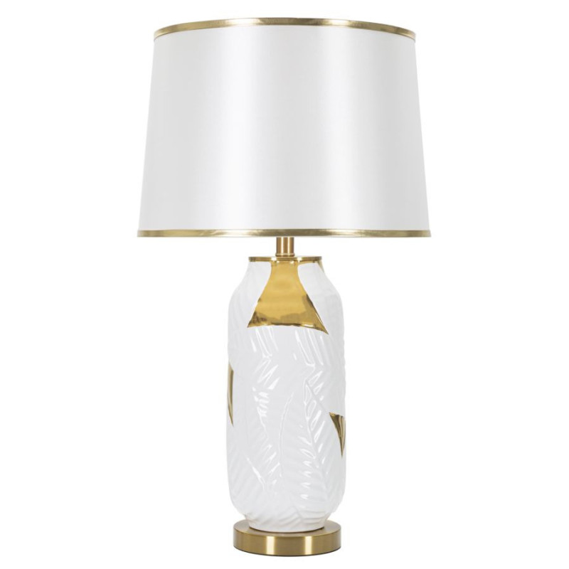 Grande Lampe à poser design art déco Céramique Métal Tissu Blanc Doré Motif feuilles Leaves H 70 cm 