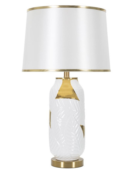 Grande Lampe à poser design art déco Céramique Métal Tissu Blanc Doré Motif feuilles Leaves H 70 cm 