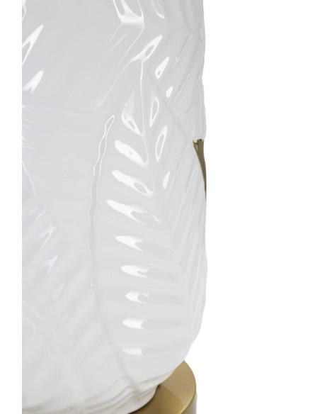 Grande Lampe à poser design art déco Céramique Métal Tissu Blanc Doré Motif feuilles Leaves H 70 cm 