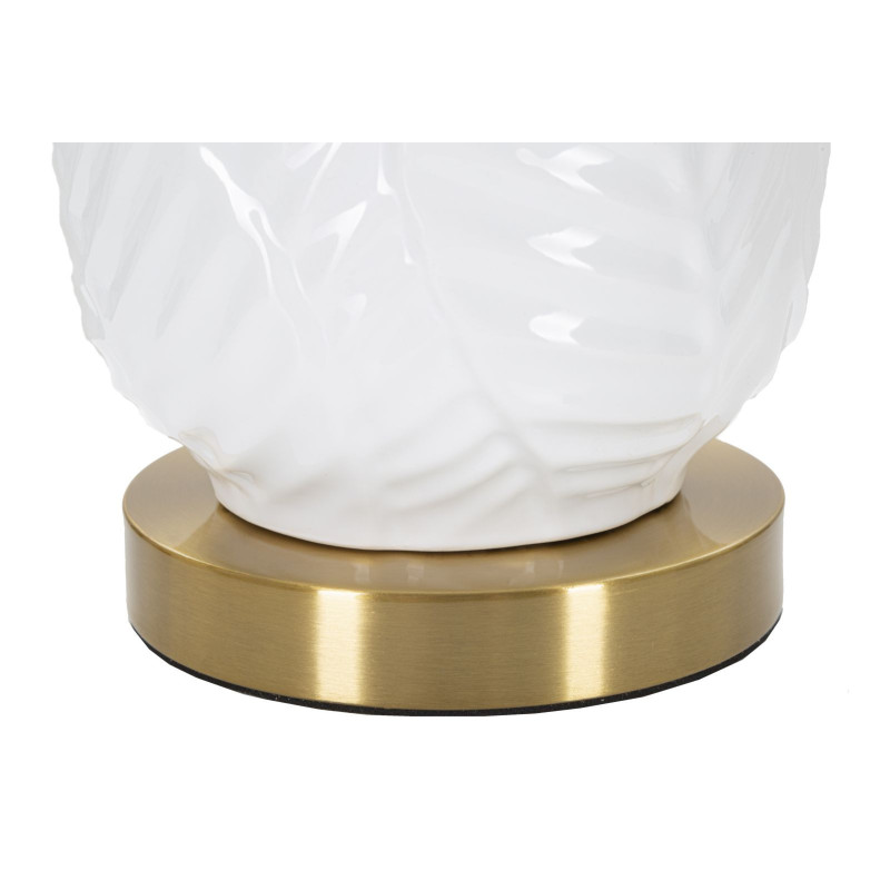 Grande Lampe à poser design art déco Céramique Métal Tissu Blanc Doré Motif feuilles Leaves H 70 cm 