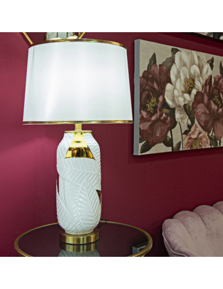 Grande Lampe à poser design art déco Céramique Métal Tissu Blanc Doré Motif feuilles Leaves H 70 cm 