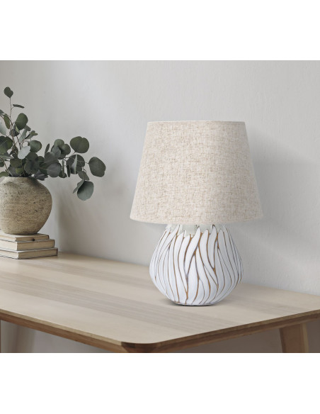 Lampe à poser design contemporain Résine Blanc Motif lignes Tissu Beige Honduras H 48 cm 