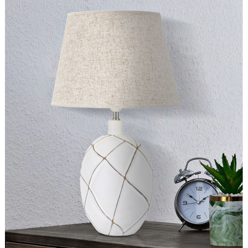 Grande Lampe à poser design contemporain Résine Blanc Motif lignes Tissu Beige Lines H 60 cm 