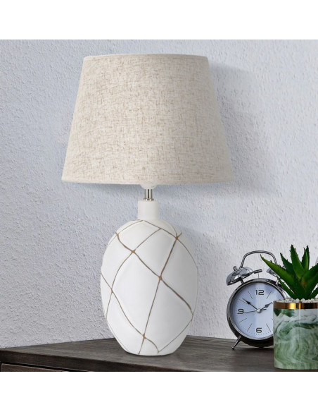 Grande Lampe à poser design contemporain Résine Blanc Motif lignes Tissu Beige Lines H 60 cm 