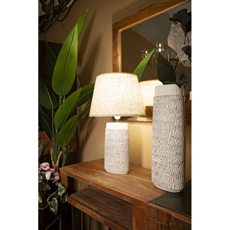 Grande Lampe à poser ethnique chic Résine Blanc Marron clair Tissu Beige Nairobi H 60 cm 