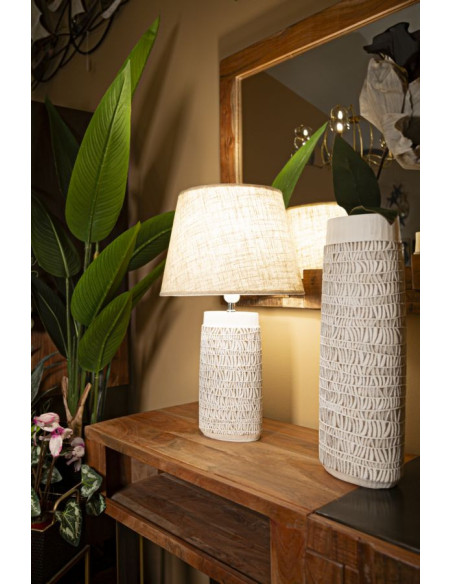 Grande Lampe à poser ethnique chic Résine Blanc Marron clair Tissu Beige Nairobi H 60 cm 