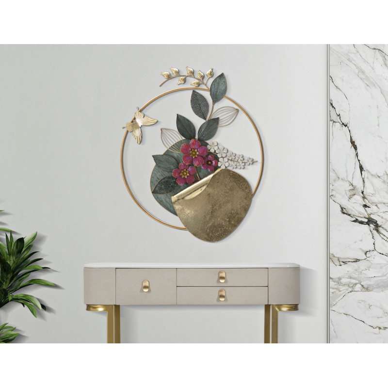 Décoration murale design Fleurs & Papillon Métal Doré Verre Rouge Gard H 84 cm 