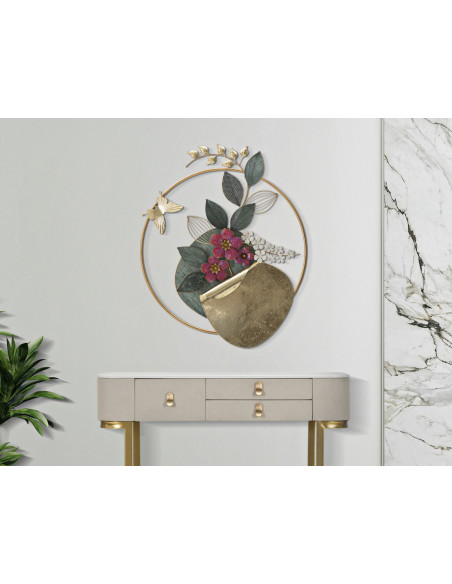 Décoration murale design Fleurs & Papillon Métal Doré Verre Rouge Gard H 84 cm 