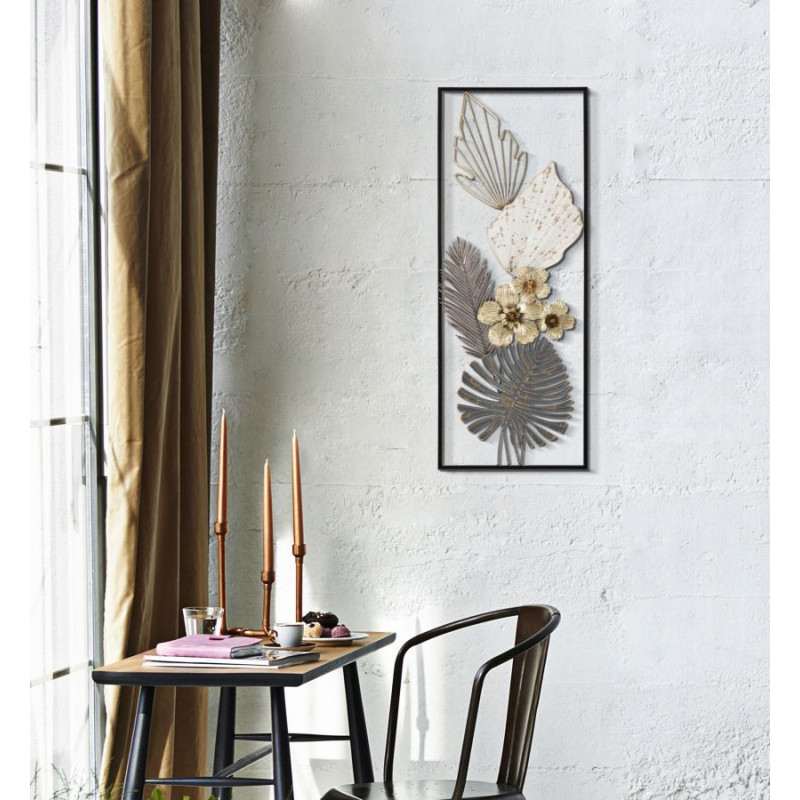 Décoration murale design bohème Feuilles & Fleurs Métal Noir Beige Gris Doré Classic H 74 cm 