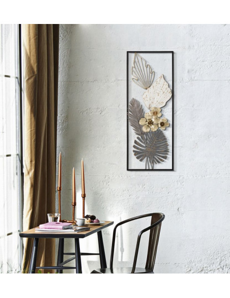 Décoration murale design bohème Feuilles & Fleurs Métal Noir Beige Gris Doré Classic H 74 cm 