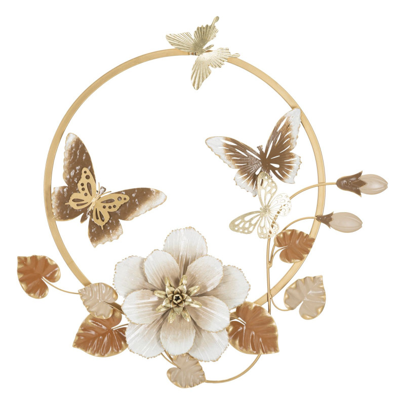 Décoration murale design Papillons Fleurs Feuilles Métal Doré Blanc crème Marron Rouns H 63 cm 