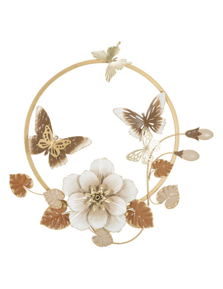 Décoration murale design Papillons Fleurs Feuilles Métal Doré Blanc crème Marron Rouns H 63 cm 