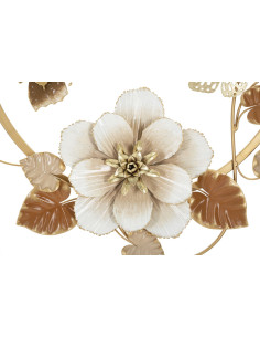 Décoration murale design Papillons Fleurs Feuilles Métal Doré Blanc crème Marron Rouns H 63 cm 