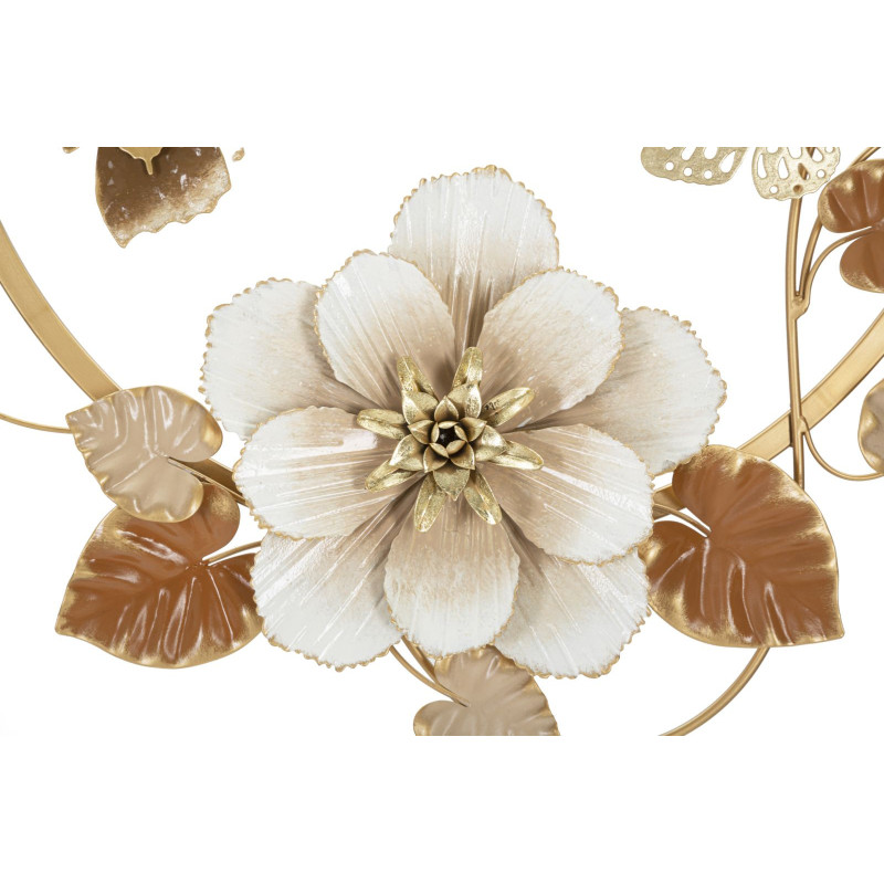 Décoration murale design Papillons Fleurs Feuilles Métal Doré Blanc crème Marron Rouns H 63 cm 