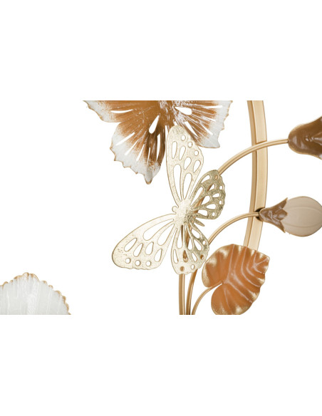 Décoration murale design Papillons Fleurs Feuilles Métal Doré Blanc crème Marron Rouns H 63 cm 