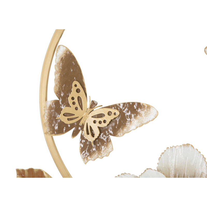 Décoration murale design Papillons Fleurs Feuilles Métal Doré Blanc crème Marron Rouns H 63 cm 