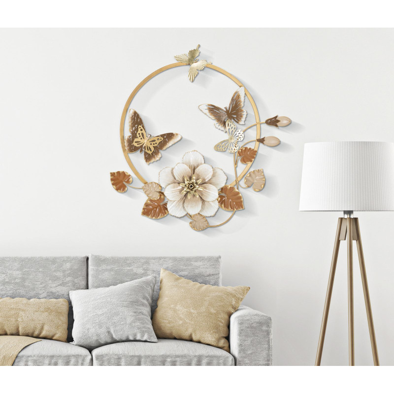 Décoration murale design Papillons Fleurs Feuilles Métal Doré Blanc crème Marron Rouns H 63 cm 