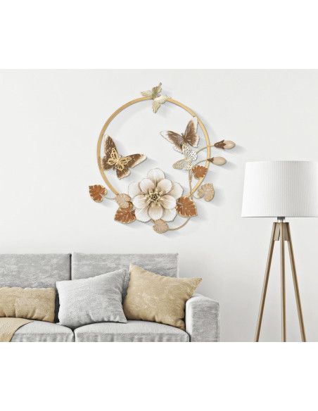 Décoration murale design Papillons Fleurs Feuilles Métal Doré Blanc crème Marron Rouns H 63 cm 