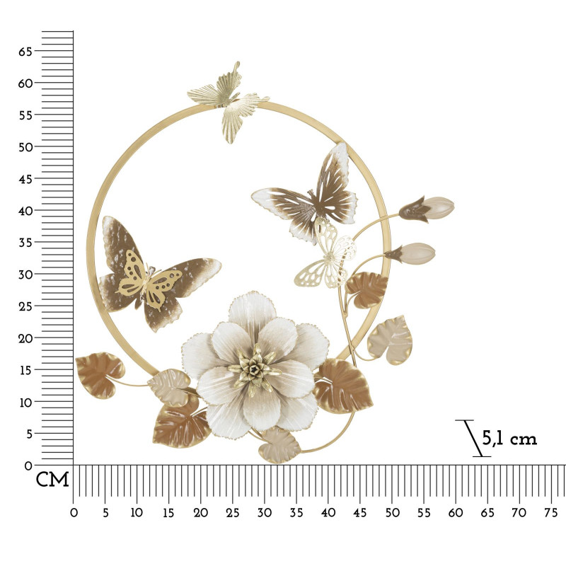 Décoration murale design Papillons Fleurs Feuilles Métal Doré Blanc crème Marron Rouns H 63 cm 
