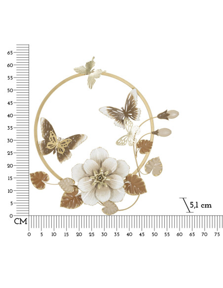 Décoration murale design Papillons Fleurs Feuilles Métal Doré Blanc crème Marron Rouns H 63 cm 