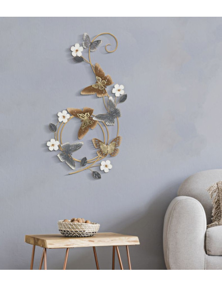 Décoration murale design Papillons & Fleurs Métal Doré Marron Blanc Gris Delis H 87 cm 