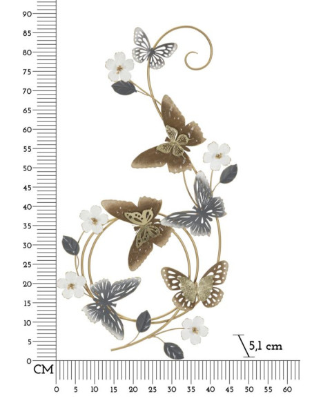 Décoration murale design Papillons & Fleurs Métal Doré Marron Blanc Gris Delis H 87 cm 