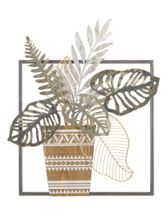 Décoration murale design bohème Pot de fleurs Métal Gris Beige Doré Bois MDF Vaso H 62 cm 