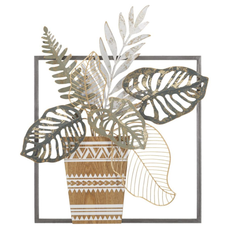 Décoration murale design bohème Pot de fleurs Métal Gris Beige Doré Bois MDF Vaso H 62 cm 