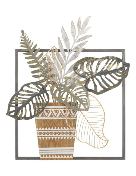 Décoration murale design bohème Pot de fleurs Métal Gris Beige Doré Bois MDF Vaso H 62 cm 