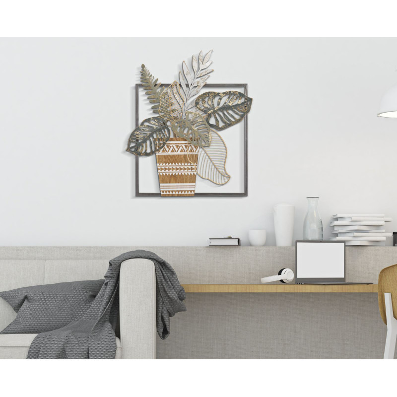 Décoration murale design bohème Pot de fleurs Métal Gris Beige Doré Bois MDF Vaso H 62 cm 