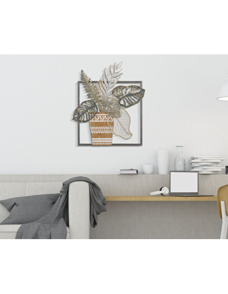 Décoration murale design bohème Pot de fleurs Métal Gris Beige Doré Bois MDF Vaso H 62 cm 