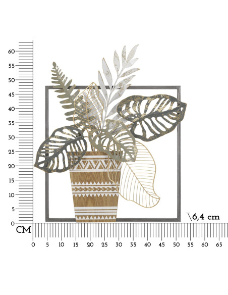 Décoration murale design bohème Pot de fleurs Métal Gris Beige Doré Bois MDF Vaso H 62 cm 