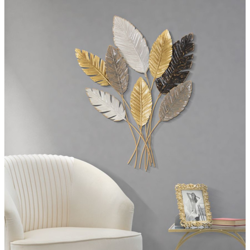 Grande Décoration murale design Feuilles tropicales Métal Doré Blanc cassé Marron Palmy H 93 cm 
